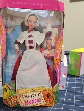 Barbie Pilgrim Doll in White and Burgundy Outfit